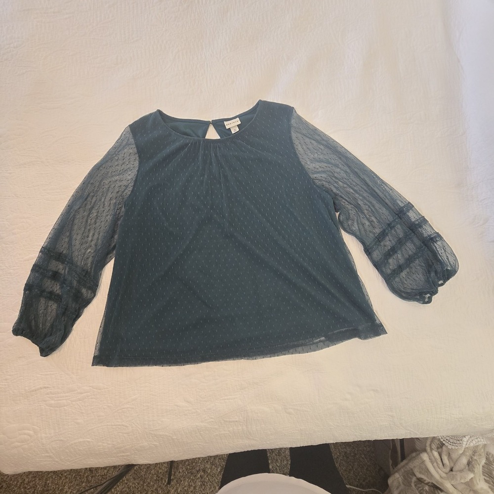 Ava & Viv Peasant Blouse Mesh Sheer Long Sleeve Jewel Green‎ Royal Whimsigoth 2X - Picture 6 of 16